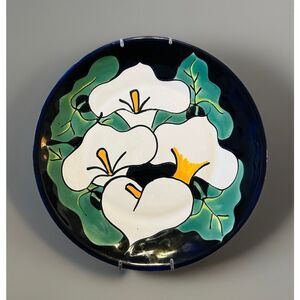 Studio Pottery Plate Dish Cobalt Blue White Calla Lily Talavera Mexico